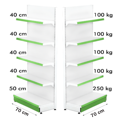 Estantería de pared metálica 70*220, base de 50 cm y 4 baldas de 40 cm.