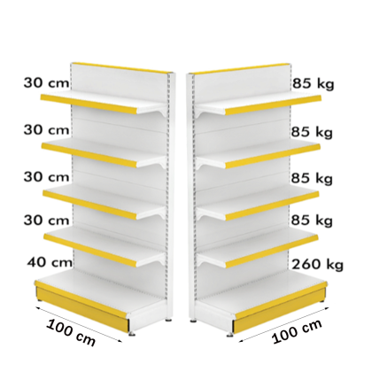 Étagère Gondole Métallique de Détail 100*180 Base 40 cm et 4 Étagères de 30 cm | Mobilier de Magasin