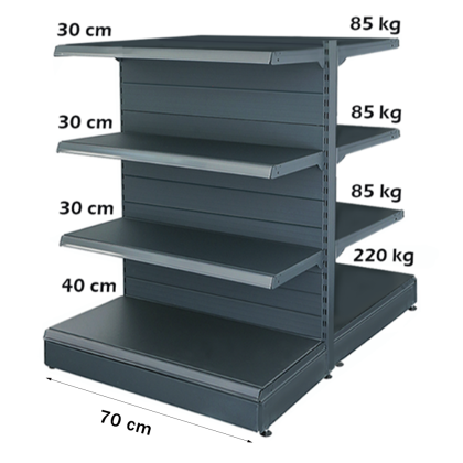Étagère Gondole Métallique Retail 70*140 Base 40 cm et 6 Étagères de 30 cm
