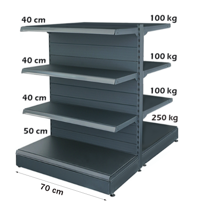 Retail Metal Gondola Shelf 70*140 Base 50 cm and 6 Shelves of 40 cm 