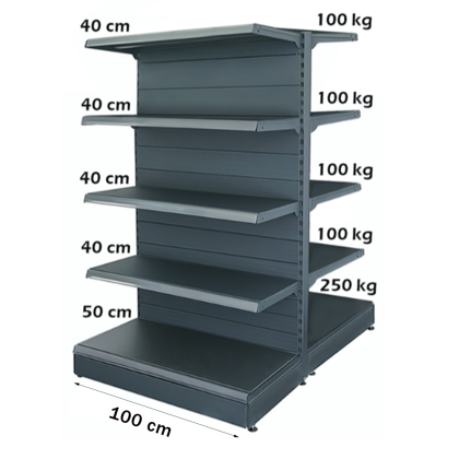 Retail Metal Gondola Shelf 100*180 Base 50 cm and 8 Shelves of 40 cm