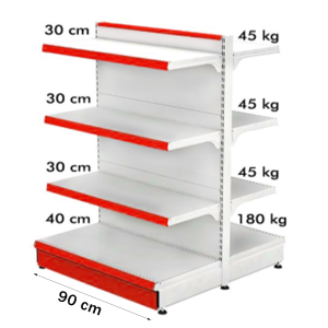 Etagère métal milieu (gondole) 90*140 socle 40 cm et 6 étagères de 30 cm