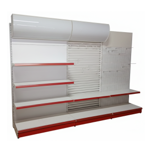Metal retail shelving section, 3.3 LM, 227 cm height, 50 cm base depth, 40 cm shelf depth, includes top header panel and 20 hooks