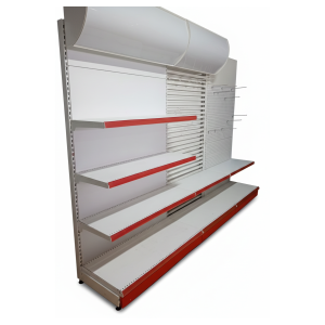 Metal retail shelving section, 3.3 LM, 227 cm height, 50 cm base depth, 40 cm shelf depth, includes top header panel and 20 hooks